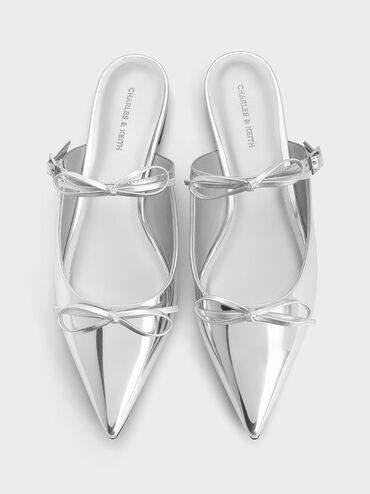 Metallic Double-Bow Pointed-Toe Mules, Silver, hi-res