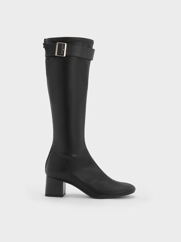 Gerry Buckled Block-Heel Knee-High Boots, Black, hi-res