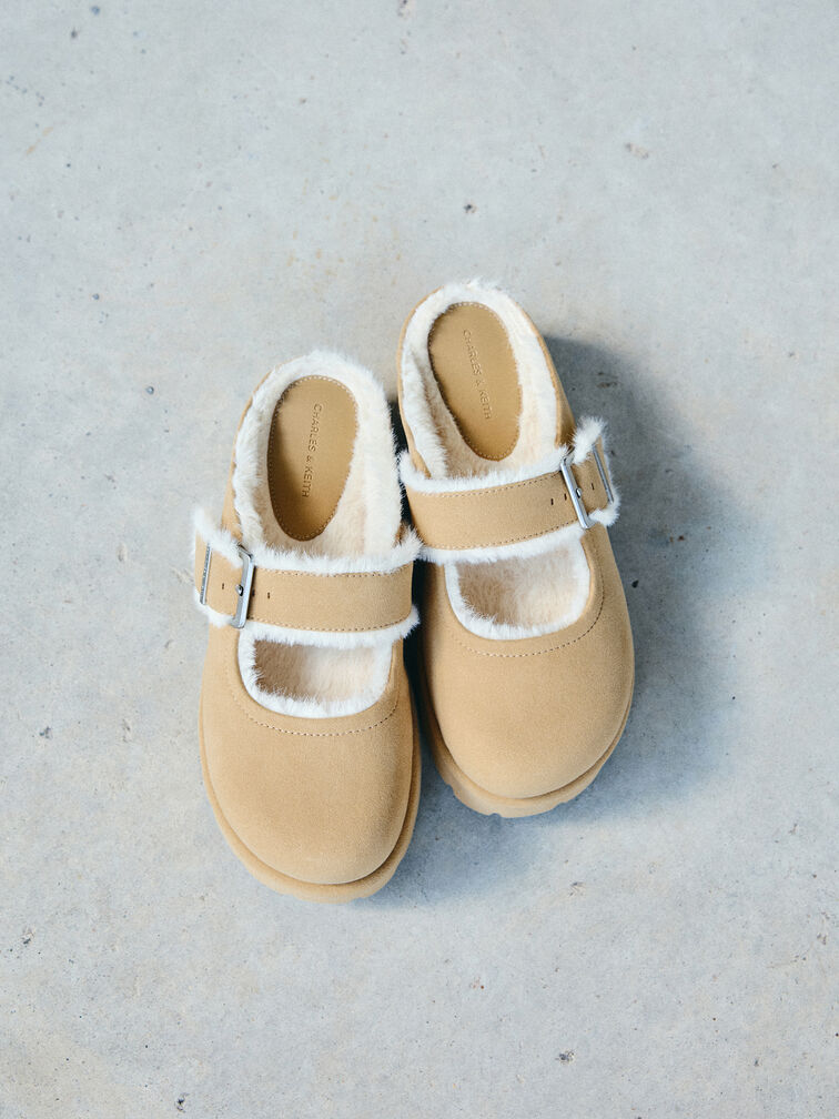 Bergen Textured Fur-Trim Buckled Platform Mules, Sand, hi-res