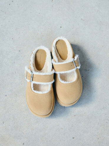 Bergen Textured Fur-Trim Buckled Platform Mules, Sand, hi-res