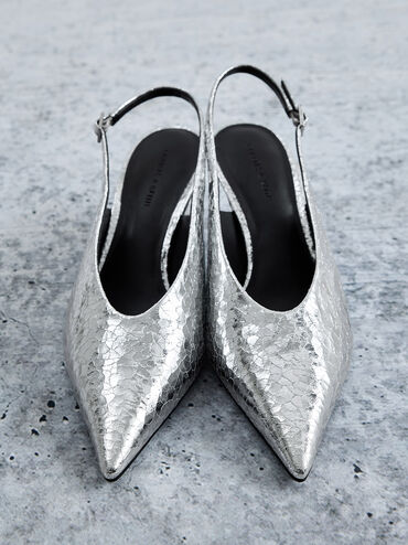 Metallic Crinkle-Effect Pointed-Toe High-Vamp Slingback Pumps, Silver, hi-res