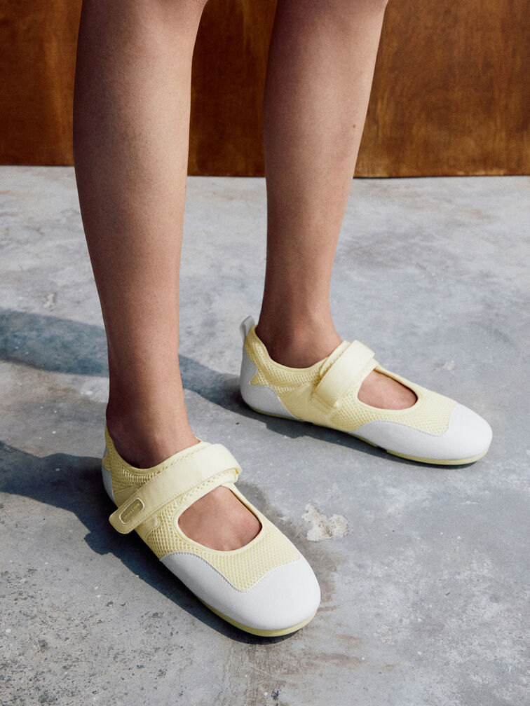 Mesh Contrast-Panel Mary Jane Sneakers, Yellow, hi-res