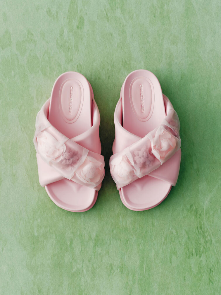 Satin Flower-Applique Crossover Sandals, Light Pink, hi-res