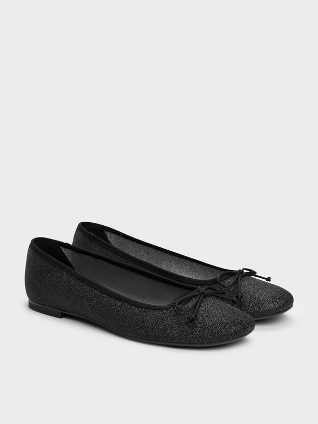 Glittered Mesh Bow Ballet Flats, Black Textured, hi-res