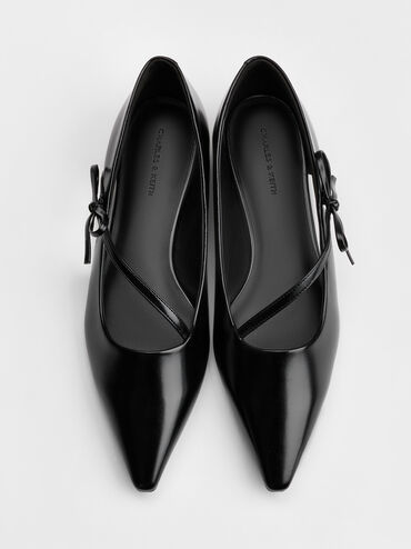 Pointed-Toe Bow-Strap Flats, Black, hi-res