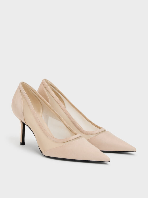 Faux Suede & Mesh Pointed Pumps, Beige, hi-res