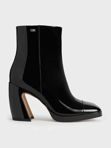 Jyll Patent Leather Sculptural-Heel Ankle Boots, Black Patent, hi-res