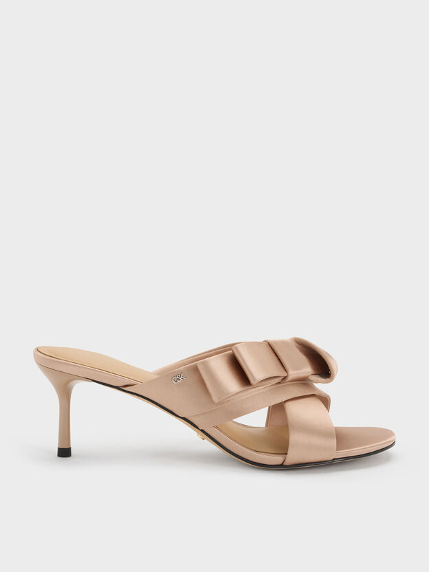 Pleated-Bow Heeled Mules, Nude, hi-res