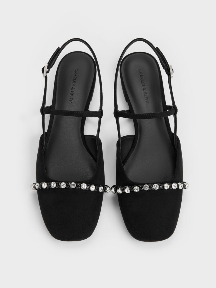 Faux Suede Crystal Mary Jane Slingback Flats, Black Textured, hi-res