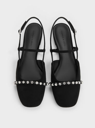 Faux Suede Crystal Mary Jane Slingback Flats, Black Textured, hi-res