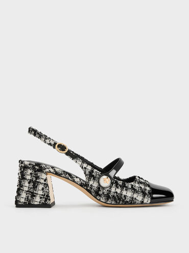 Aeryn Tweed Pearl-Embellished Slingback Pumps, Black Textured, hi-res