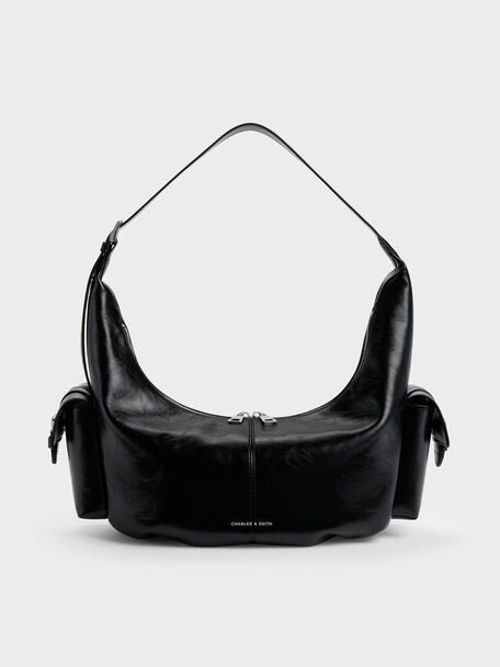 Large Bessie Side-Pocket Hobo Bag, Noir, hi-res