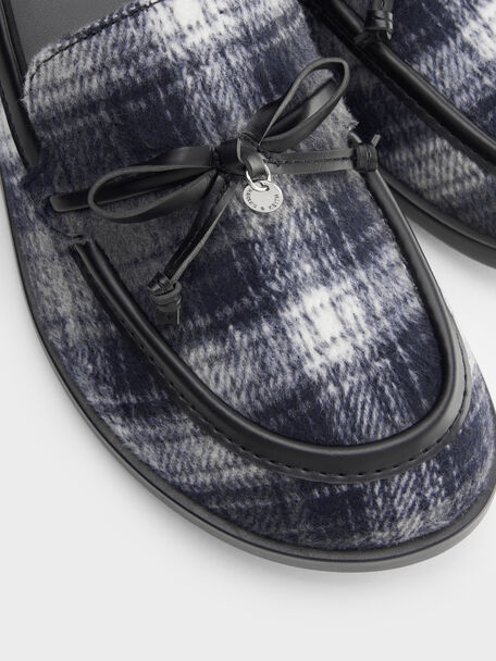 Checkered Circle-Charm Bow Loafers, Dark Grey, hi-res