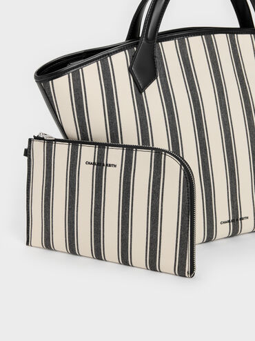 Large Ivanna Canvas Striped Tote Bag, Noir, hi-res