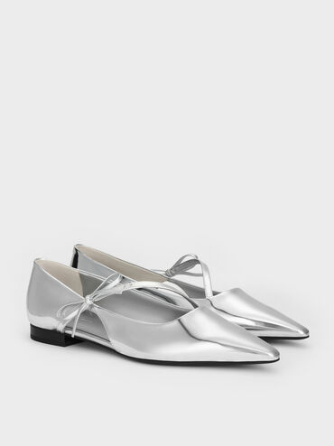 Metallic Pointed-Toe Bow-Strap Flats, Silver, hi-res