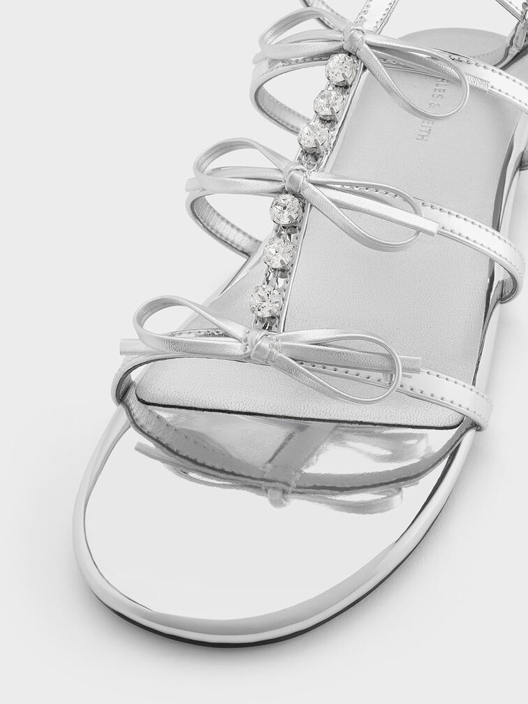 Metallic Gem-Embellished Bow T-Bar Sandals, Silver, hi-res