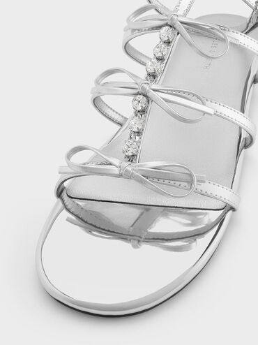 Metallic Gem-Embellished Bow T-Bar Sandals, Silver, hi-res