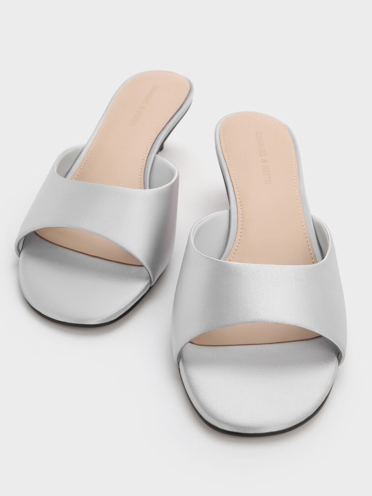 Satin Crystal-Heel Mules, Silver, hi-res