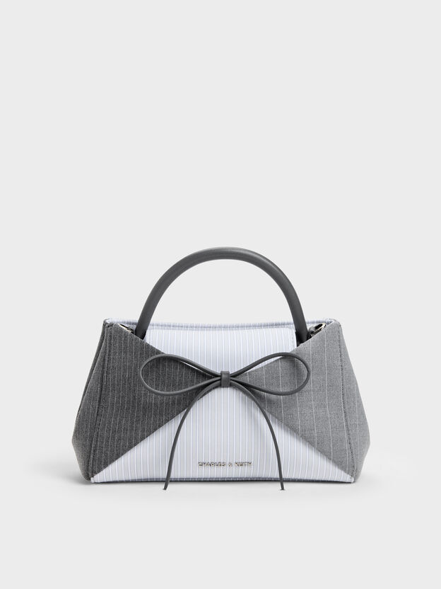 Hazel Striped Bow Panelled Top Handle Bag, Grey, hi-res