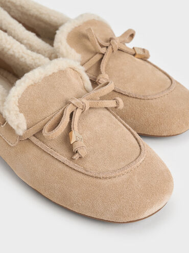 Gavyn Suede Shearling-Lined Boat Shoes, Beige, hi-res