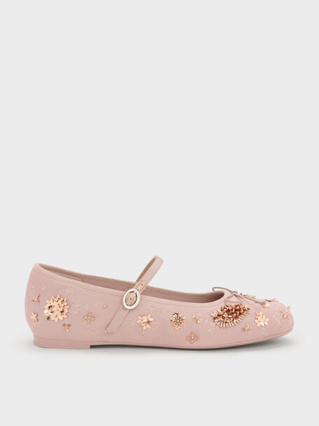 Sadira Satin Embroidered Sequinned Mary Jane Flats, Light Pink, hi-res