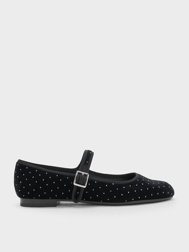 Carmel Velvet Dotted Buckled Mary Jane Flats, Black Textured, hi-res