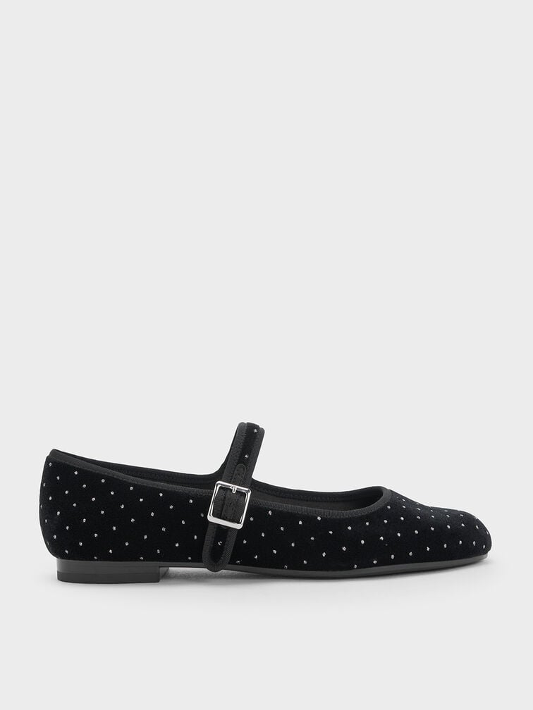 Carmel Velvet Dotted Buckled Mary Jane Flats, Black Textured, hi-res