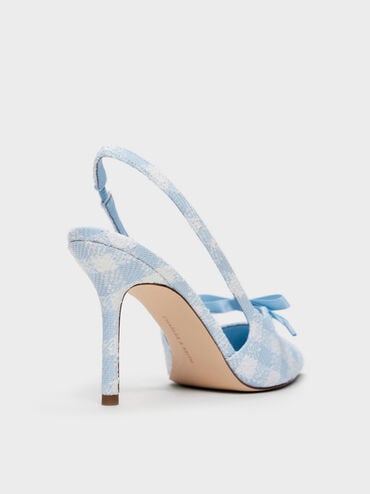 Venetia Gingham Bow Pointed-Toe Slingback Pumps, Light Blue, hi-res