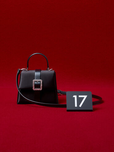 Satin Crystal-Buckle Belted Top Handle Bag, Noir, hi-res
