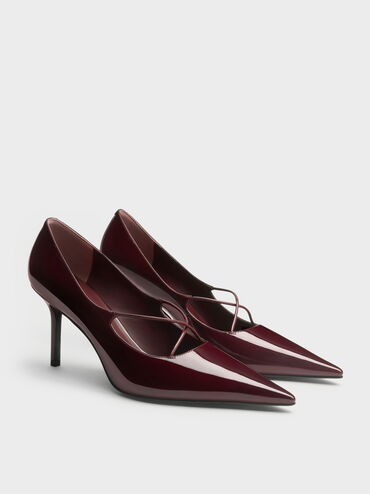 Patent Crossover Pointed Pumps, Burgundy, hi-res