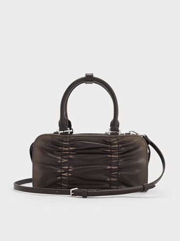 Kadee Ruched Bow-Charm Bowling Bag, Burnished Brown, hi-res