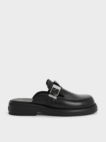 Leather Buckled Mules, Black, hi-res