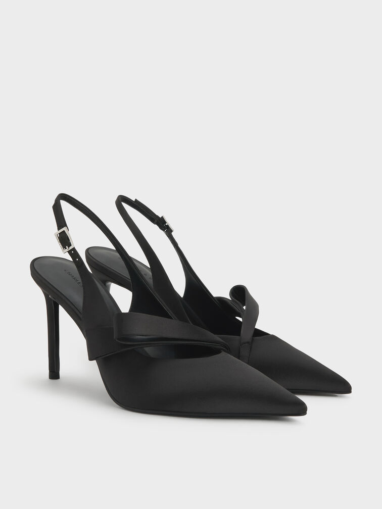 Satin Pleated-Strap Slingback Pumps, Black Textured, hi-res