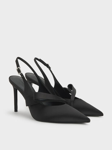 Satin Pleated-Strap Slingback Pumps, Black Textured, hi-res