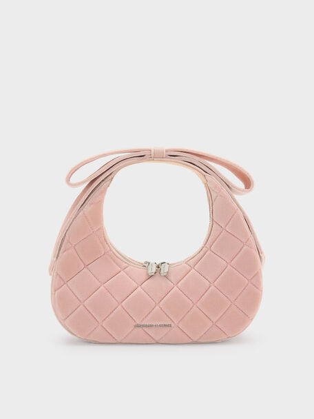 Janie Velvet Quilted Bow-Handle Bag, Pink, hi-res