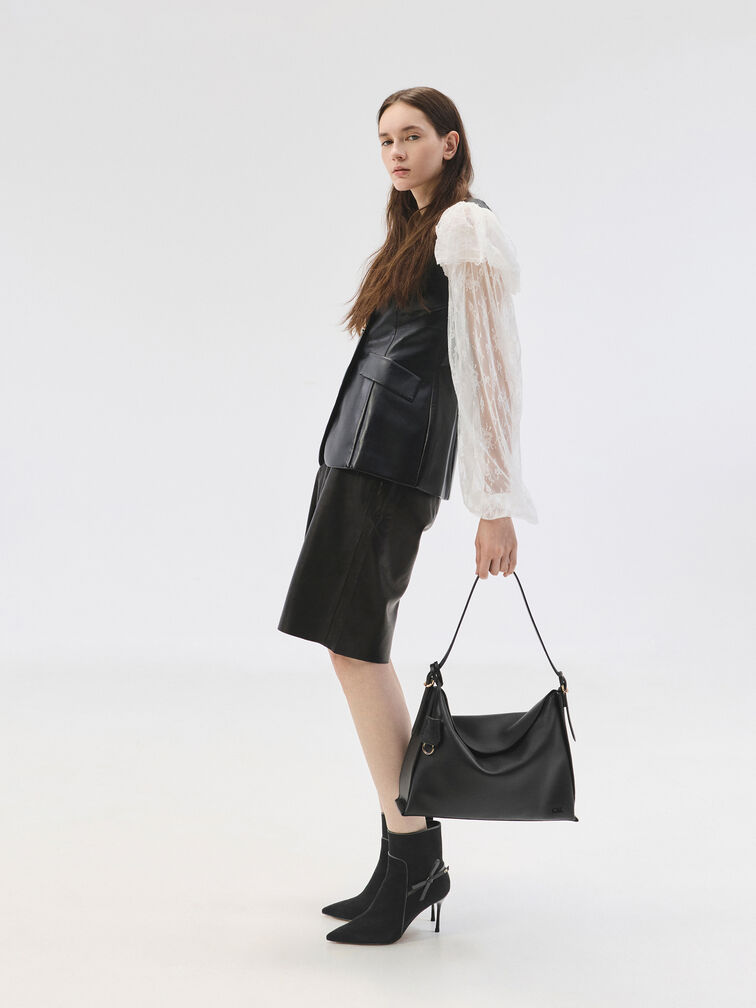 Large Leather Top-Flap Hobo Bag, Black, hi-res
