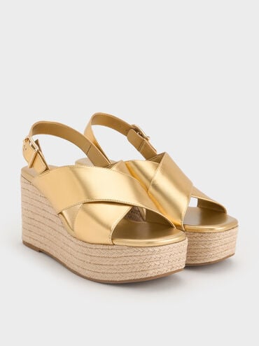 Metallic Crossover Espadrille Wedges, Gold, hi-res
