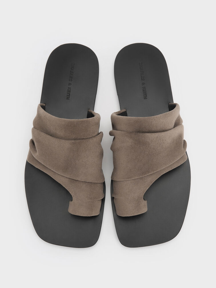 Faux Suede Ruched Toe-Ring Sandals, Taupe, hi-res