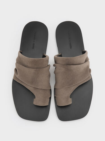 Faux Suede Ruched Toe-Ring Sandals, Taupe, hi-res