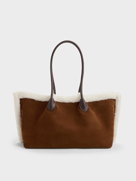 XL Cosima Fur-Trim Tote Bag, Pecan Brown, hi-res