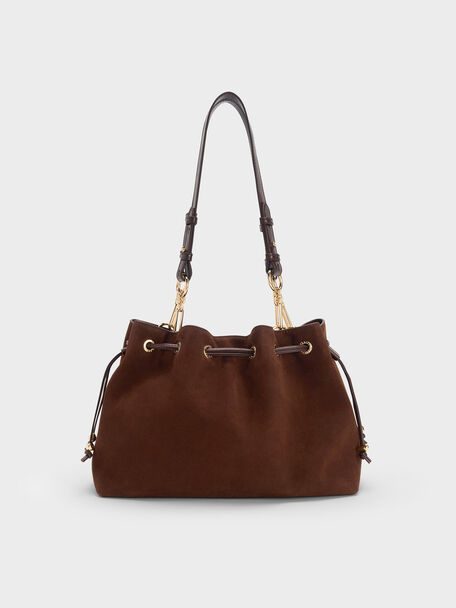 Moxie Drawstring Bucket Bag, Dark Brown, hi-res