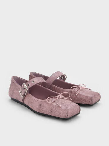 Myler Crinkle-Effect Bow Square-Toe Buckled Mary Janes, Pink, hi-res