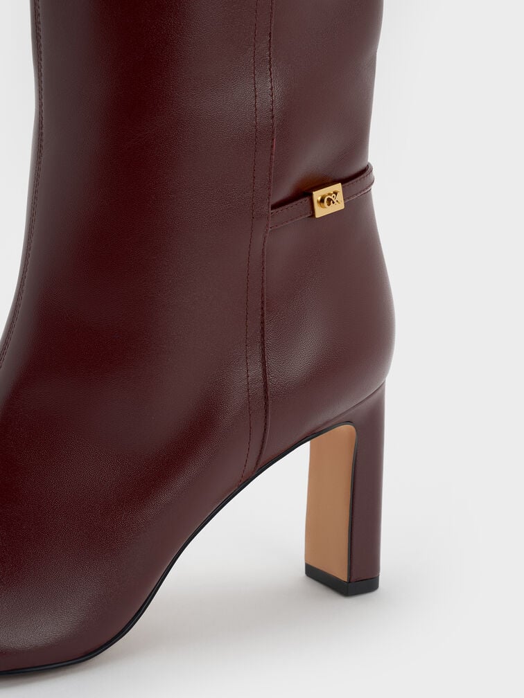 Georgina Leather Tapered Square-Toe Blade-Heel Knee-High Boots, Burgundy, hi-res