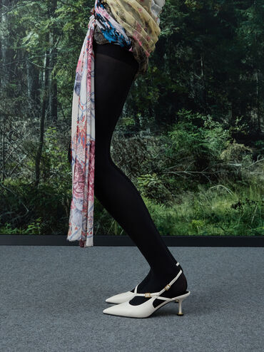 Wynn Buckled Sculptural-Heel Slingback Pumps, White, hi-res