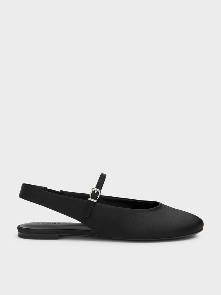 Imani Satin Slingback Flats, Black Textured, hi-res