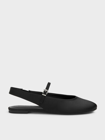 Imani Satin Slingback Flats, Black Textured, hi-res