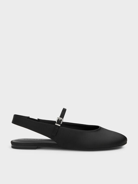 Imani Satin Slingback Flats, Black Textured, hi-res