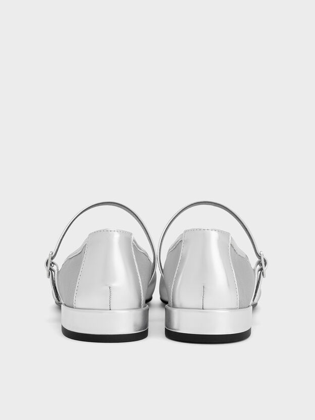 Gertrude Embroidered-Mesh Mary Janes, Silver, hi-res