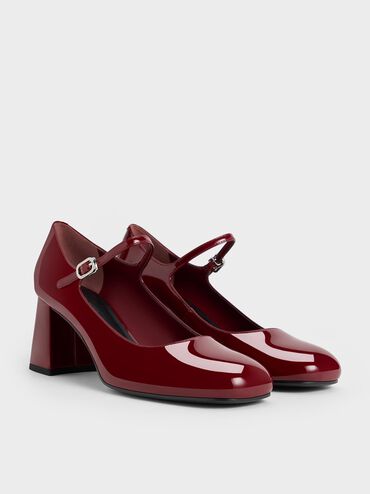 Patent Block-Heel Mary Jane Pumps, Maroon, hi-res