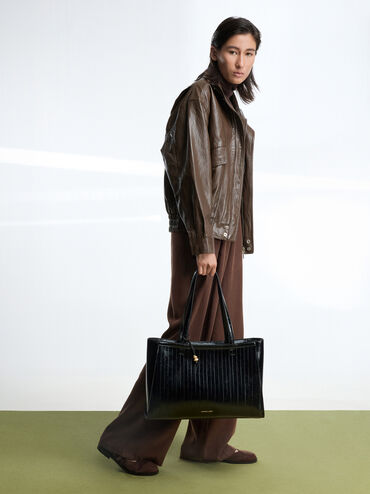 Augustine Eel-Effect Sculptural-Detail Tote Bag, Black, hi-res